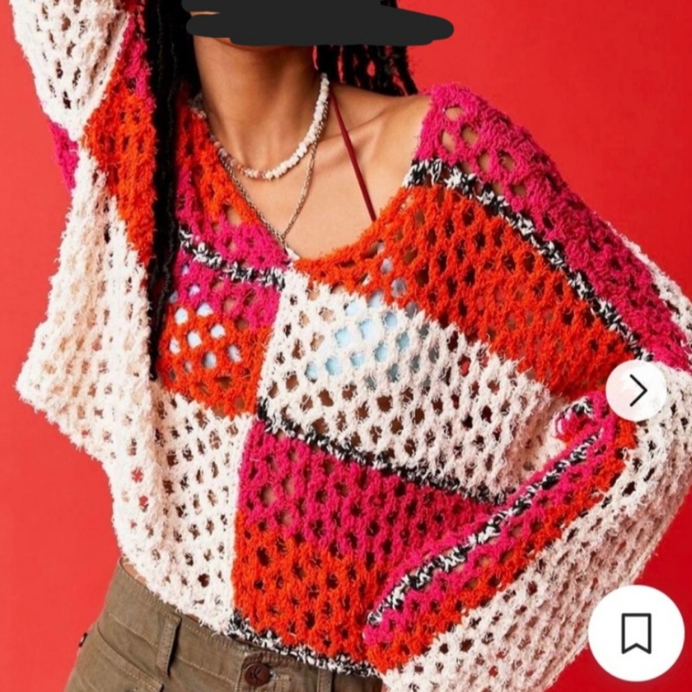 FREE PEOPLE Sail Away Sweater, Crochet Open Knit, EUC, Sz S, BEAUTIFUL🧡🤍🩷🖤
